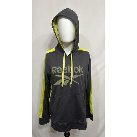 Reebok Sweatshirt Hoodie Men Medium M Long Sleeve Drawstring Pocket Graphic Gray - Picture 1 of 9